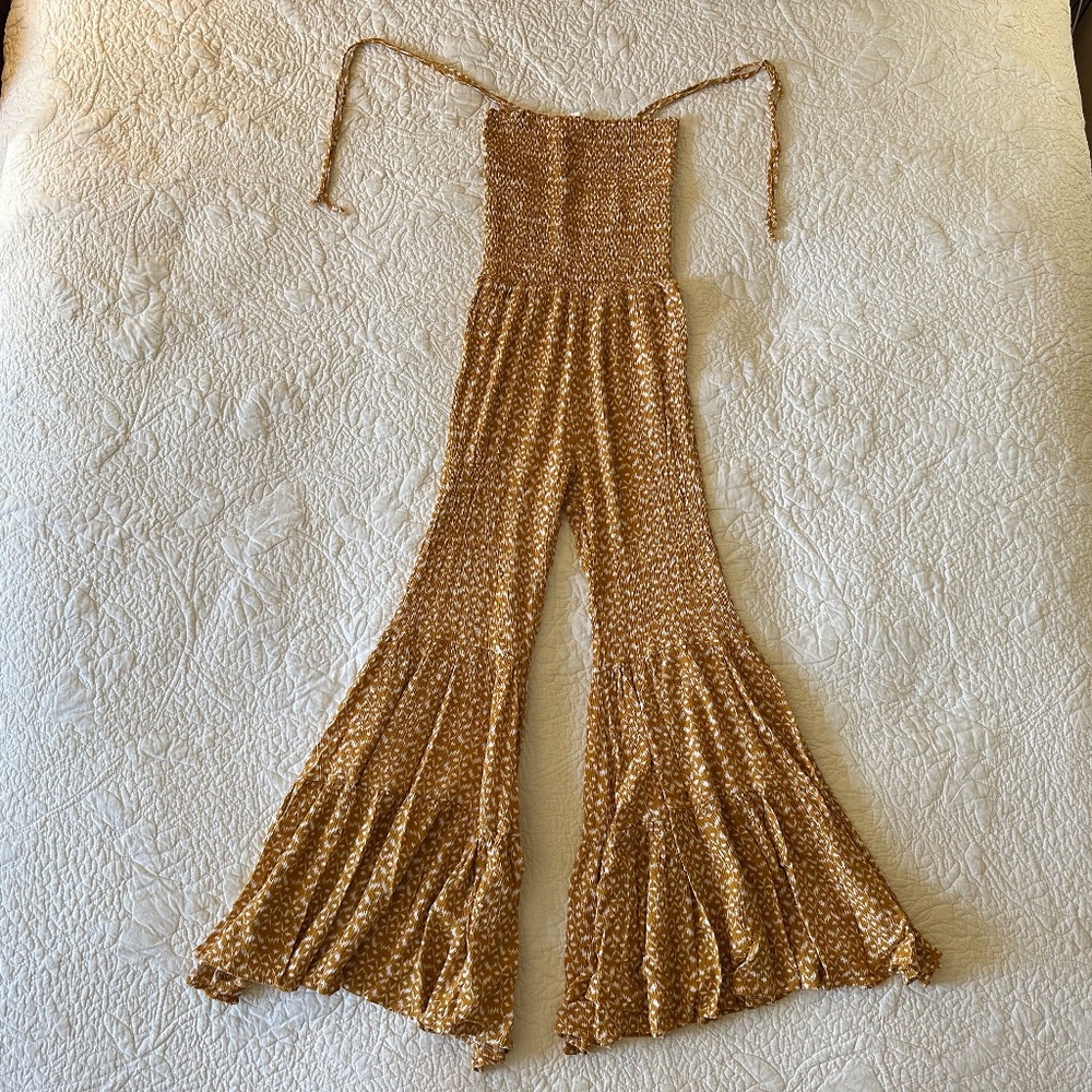 Storia Smocked Printed Bell Bottom Jumpsuit Women’s Small Yellow